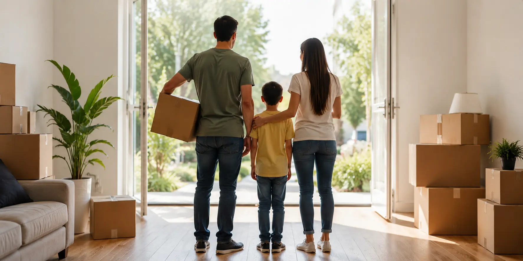 Family arriving at a new home with moving boxes
